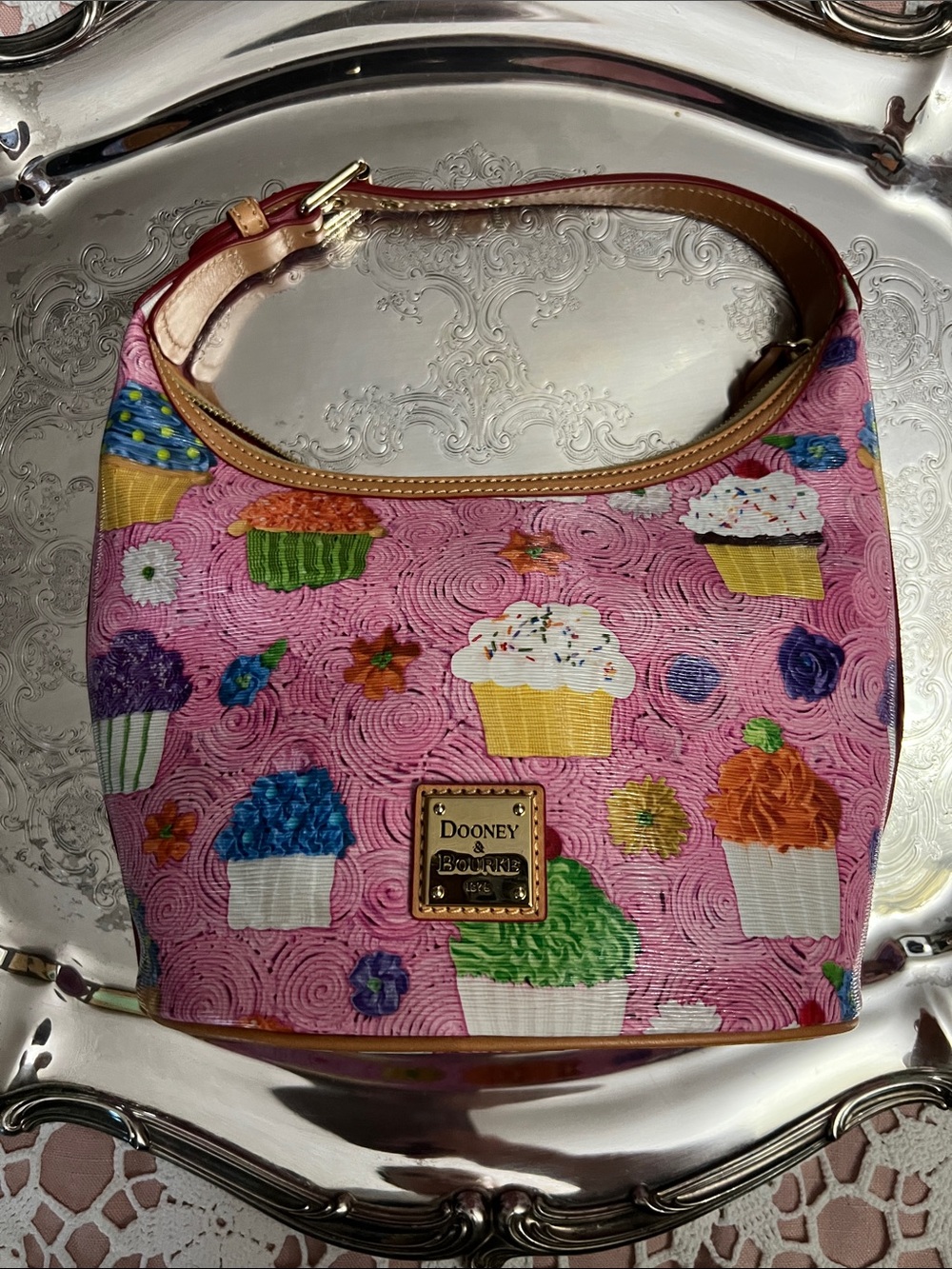 Dooney & Bourke Pink Cupcake Print Shoulder Hobo with Tan Trim - Picture 2 of 4